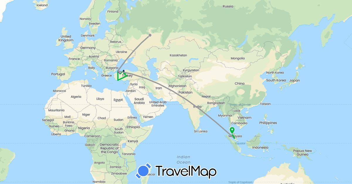 TravelMap itinerary: driving, bus, plane, train in Malaysia, Russia, Turkey (Asia, Europe)